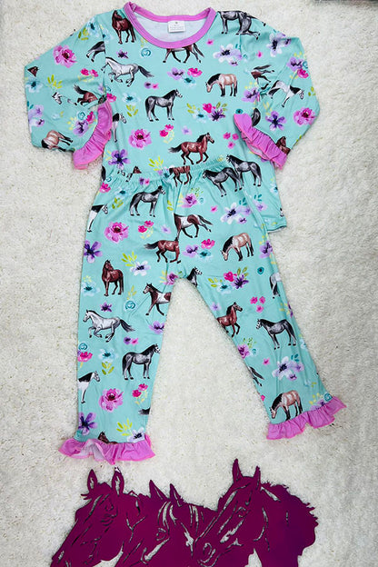 Horse & Flower printed long sleeve top & pant 2pcs girls pajamas sets 10237MZ