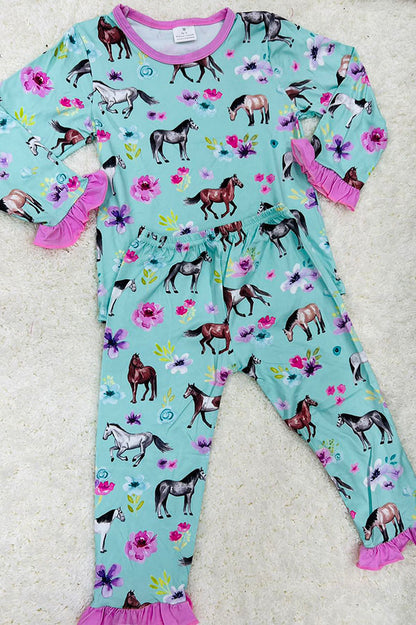 Horse & Flower printed long sleeve top & pant 2pcs girls pajamas sets 10237MZ