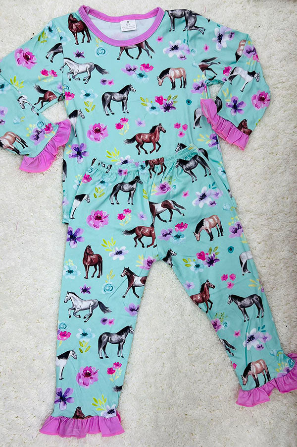 Horse & Flower printed long sleeve top & pant 2pcs girls pajamas sets 10237MZ