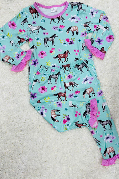 Horse & Flower printed long sleeve top & pant 2pcs girls pajamas sets 10237MZ