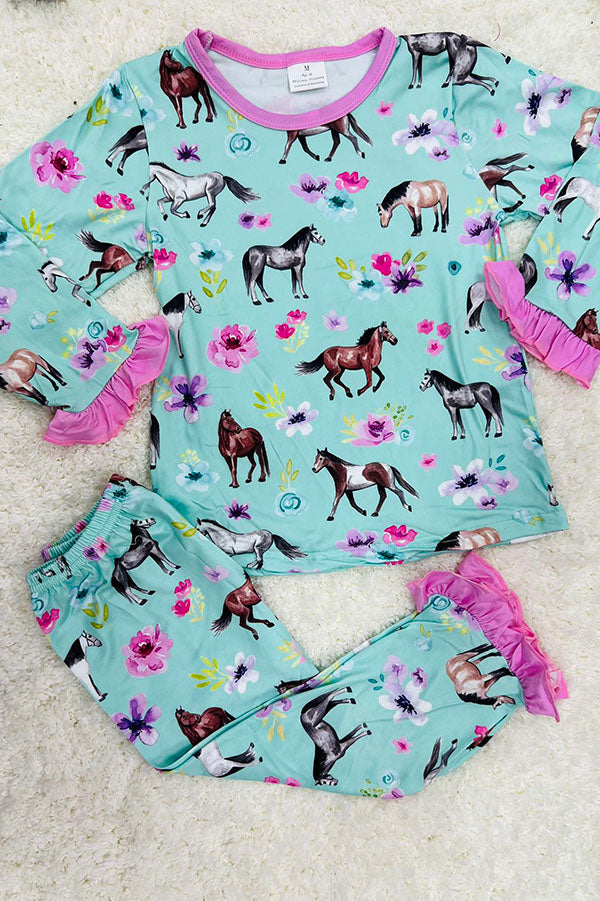 Horse & Flower printed long sleeve top & pant 2pcs girls pajamas sets 10237MZ