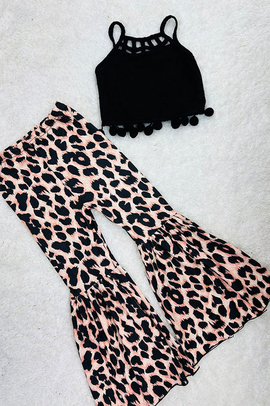 Black pompom top w/leopard print bell bottoms 2pc set DLH2410