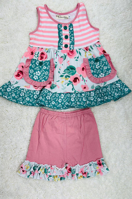 XCH0666-5H Pink striped & Floral printed top and shorts summer girl set