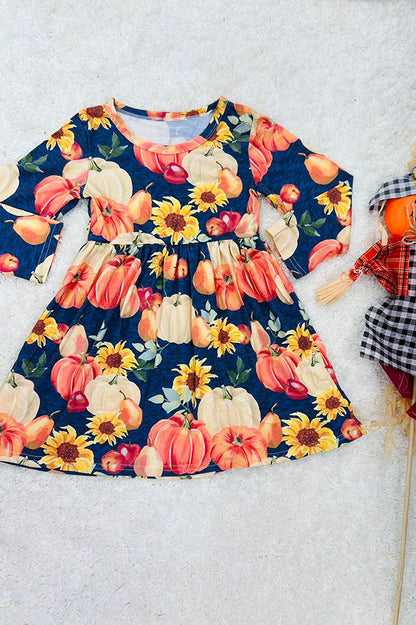 Pumpkins & sunflowers navy dress DLH2607