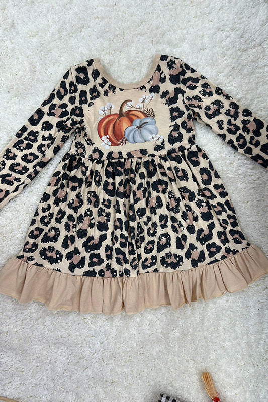 Cheetah & pumpkins ruffle long sleeve dress DLH2336
