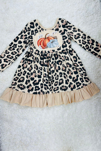 Cheetah & pumpkins ruffle long sleeve dress DLH2336