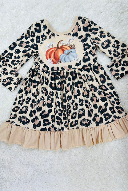 Cheetah & pumpkins ruffle long sleeve dress DLH2336