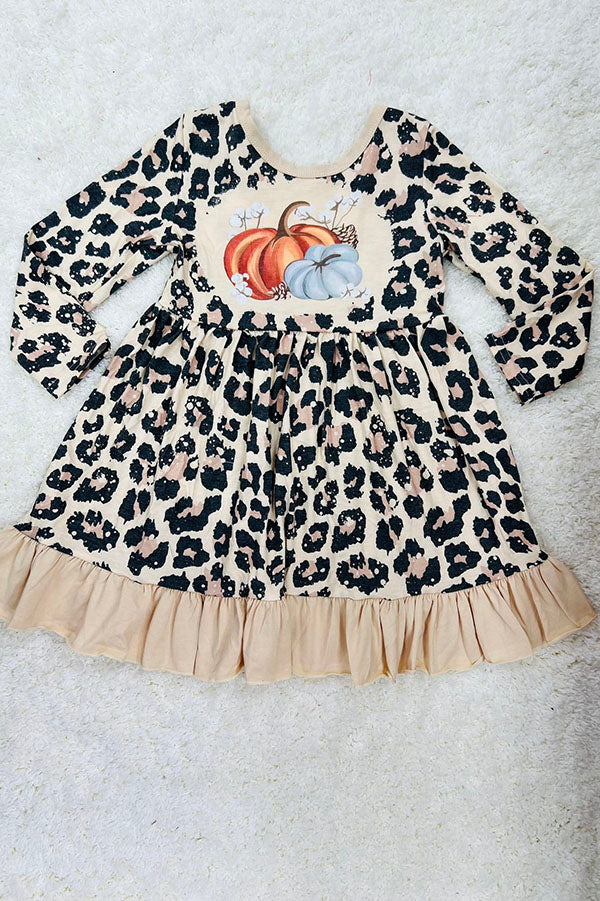 Cheetah & pumpkins ruffle long sleeve dress DLH2336