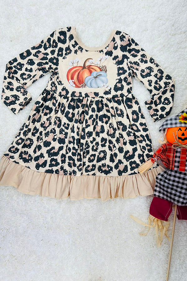 Cheetah & pumpkins ruffle long sleeve dress DLH2336