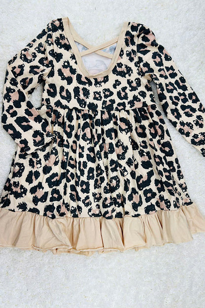 Cheetah & pumpkins ruffle long sleeve dress DLH2336