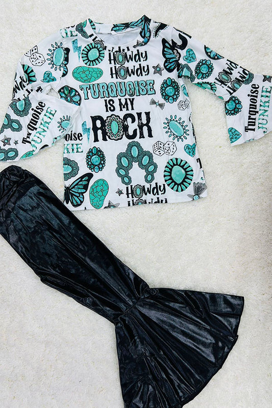 Kids "TURQUOISE IS MY ROCK" & Jewel print top bottoms 2pc sets DLH2659