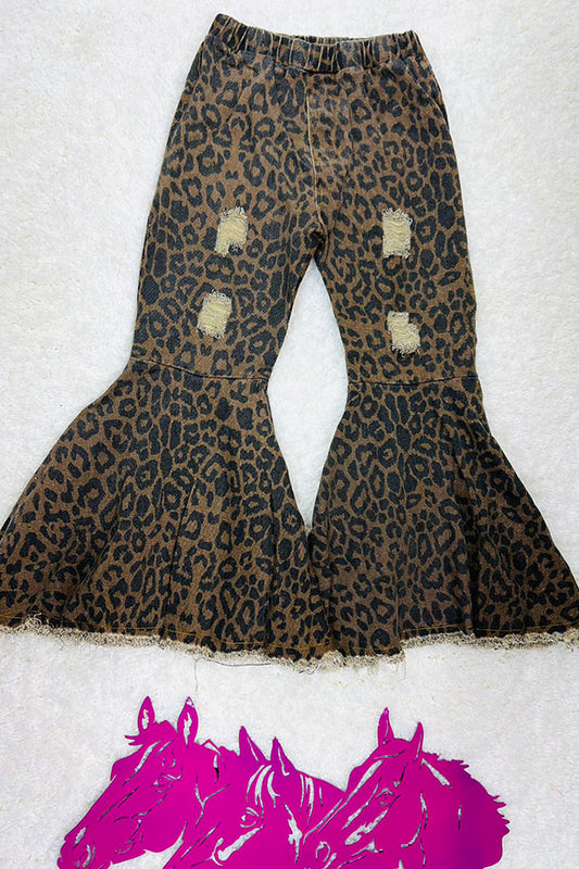 Brown leopard print distressed denim bell bottoms 206018M