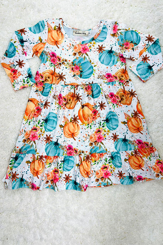 Turquoise pumpkins & floral print long sleeve dress XCH0555-22H
