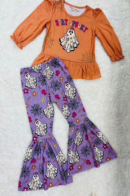 Washed orange & purple "STAY SPOOKY" ghost ruffle 2pc set XCH0010-13H