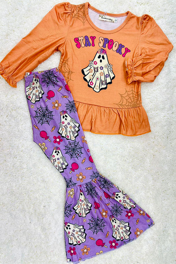 Washed orange & purple "STAY SPOOKY" ghost ruffle 2pc set XCH0010-13H