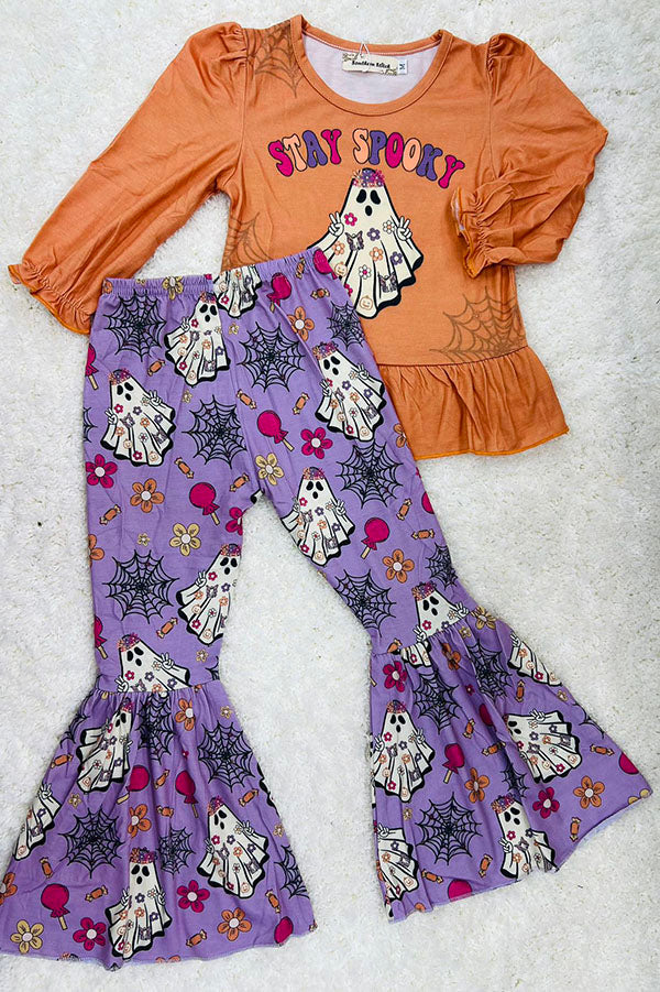 Washed orange & purple "STAY SPOOKY" ghost ruffle 2pc set XCH0010-13H