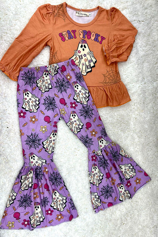 Washed orange & purple "STAY SPOOKY" ghost ruffle 2pc set XCH0010-13H