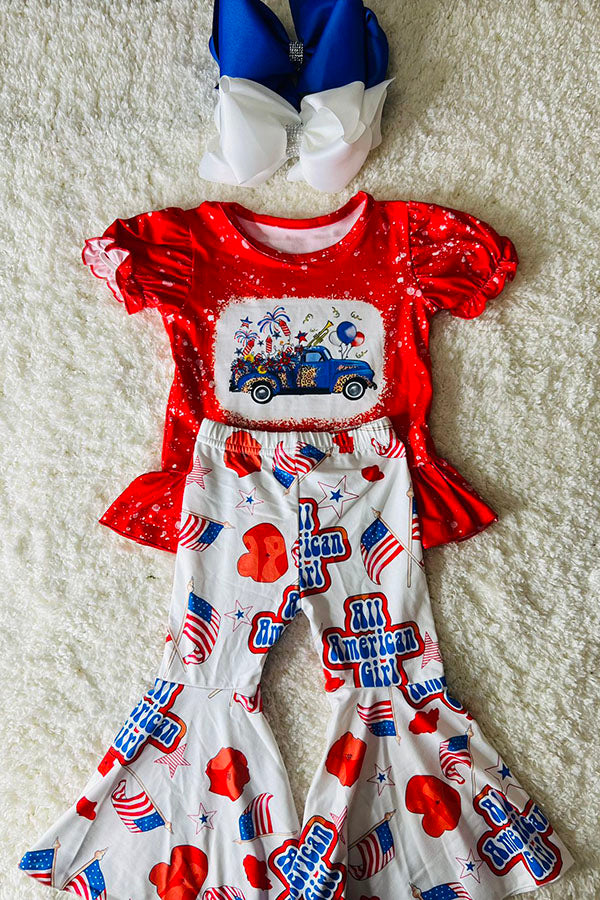 DLH2451 4TH JULY AMERICAN GIRL Patriotic printed 2pc girl set