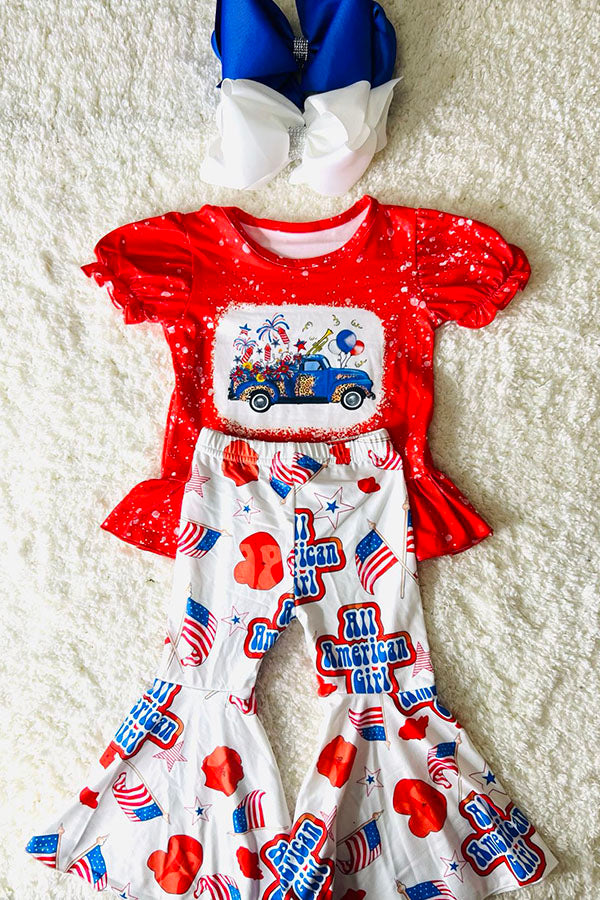 DLH2451 4TH JULY AMERICAN GIRL Patriotic printed 2pc girl set