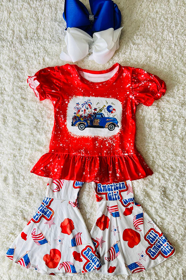 DLH2451 4TH JULY AMERICAN GIRL Patriotic printed 2pc girl set