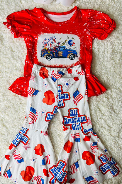 DLH2451 4TH JULY AMERICAN GIRL Patriotic printed 2pc girl set