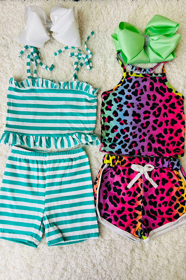 Western leopard & Turquoise striped girls boutique sets (2sets as a bundle) DLH2403