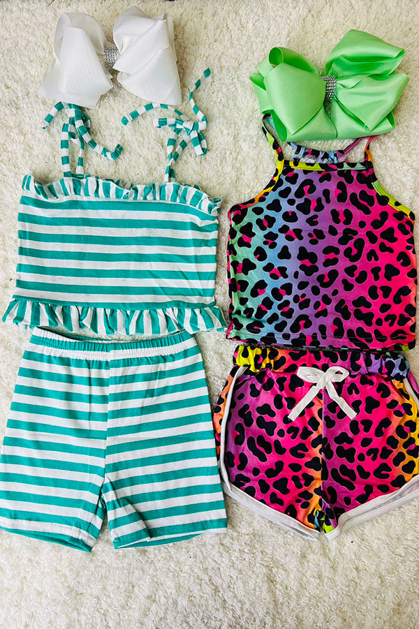 Western leopard & Turquoise striped girls boutique sets (2sets as a bundle) DLH2403