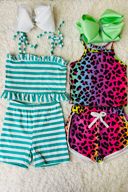 Western leopard & Turquoise striped girls boutique sets (2sets as a bundle) DLH2403