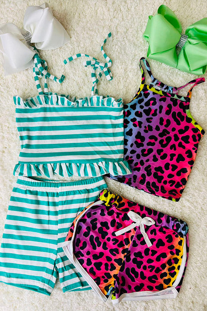 Western leopard & Turquoise striped girls boutique sets (2sets as a bundle) DLH2403