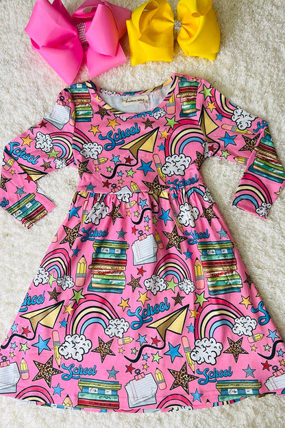 Multicolor "SCHOOL" pink long sleeve swirl dress XCH0888-6H