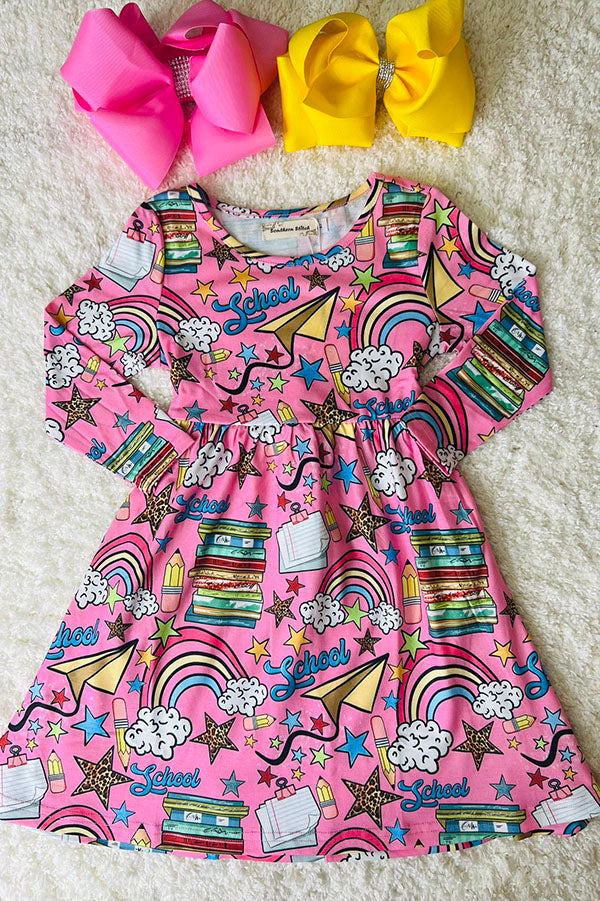 Multicolor "SCHOOL" pink long sleeve swirl dress XCH0888-6H