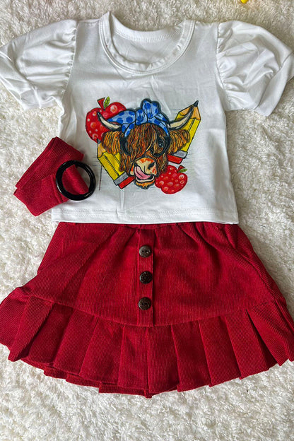 DLH2533 Kids bull prints white top red skirt 2pc girls sets