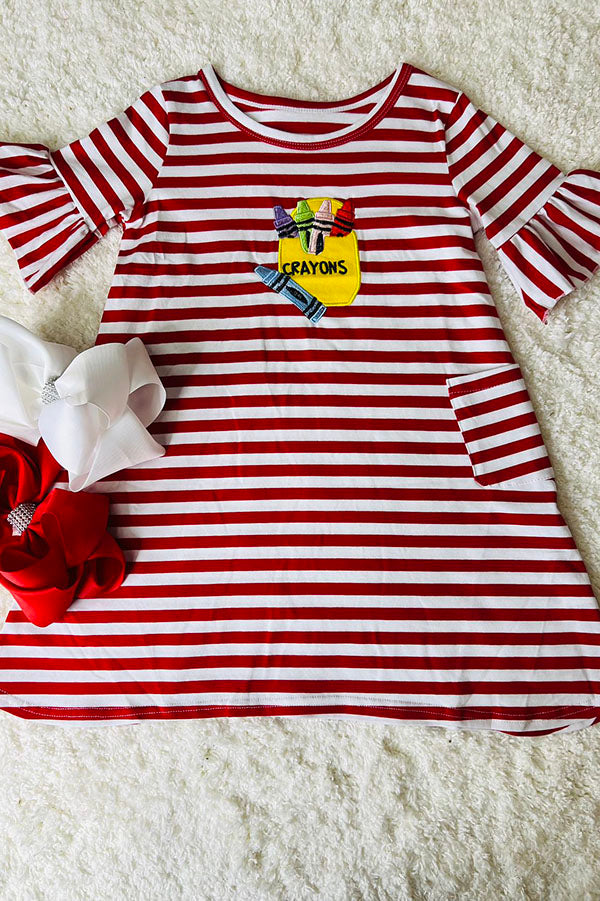 DLH2421 Red & white stripped crayons ruffle sleeve dress