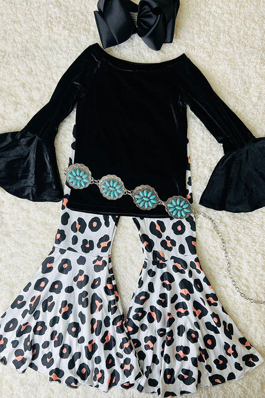 DLH2731 Black velvet top & leopard bell bottom 2pc girls set