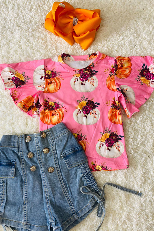 Pink pumpkins & floral print ruffle short sleeve top DLH2578