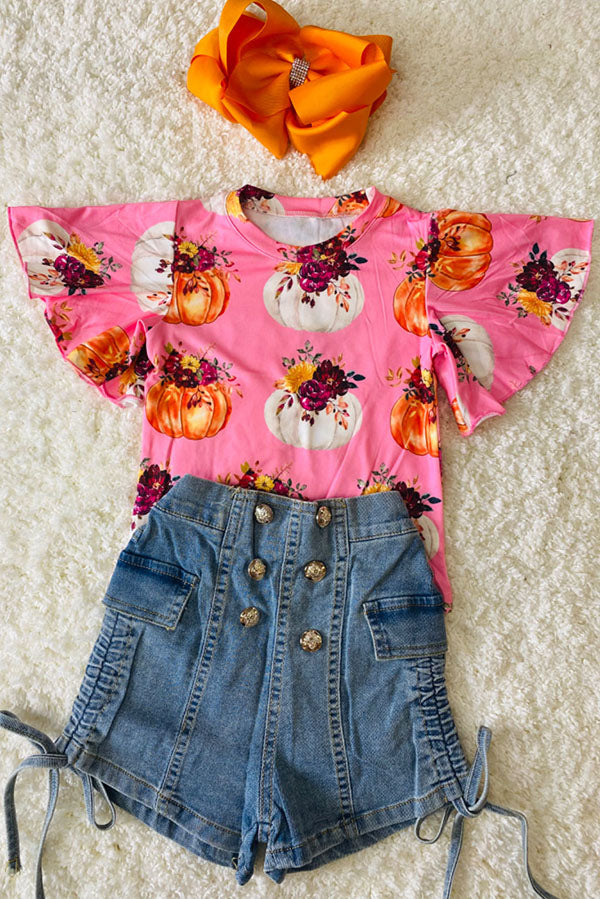 Pink pumpkins & floral print ruffle short sleeve top DLH2578