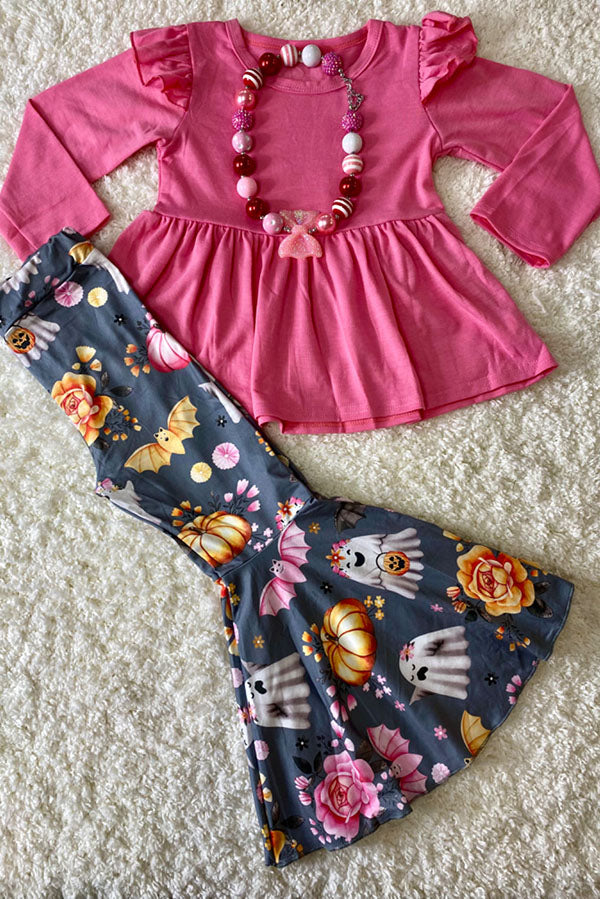 Pink & gray ghost, roses, & pumpkins 2pc set DLH2666