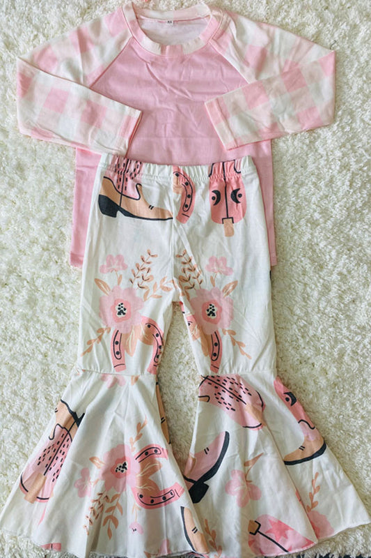 pink & checkered raglan sleeve top bell bottom 2pcs girls clothing sets DLH2698