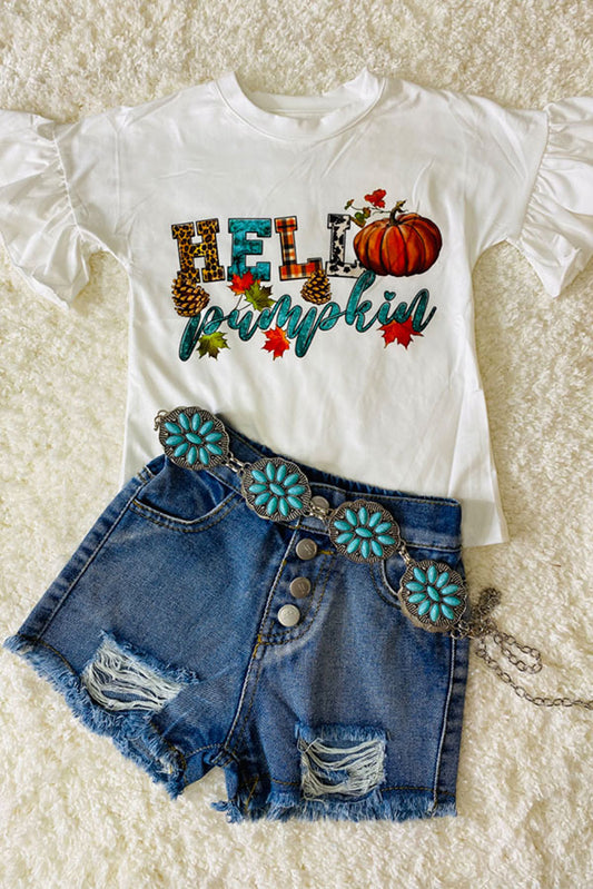 "HELLO PUMPKIN" ruffle short sleeve top DLH2614