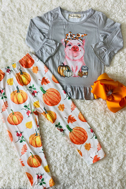 XCH0010-21H Pumpkin pig top with pant 2pc girls clothing sets