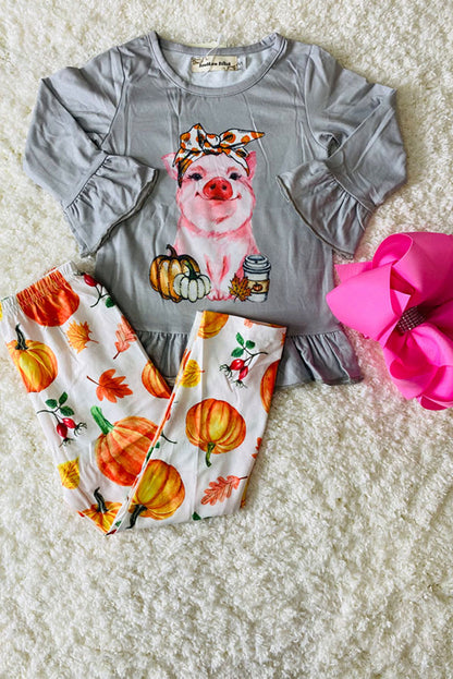 XCH0010-21H Pumpkin pig top with pant 2pc girls clothing sets