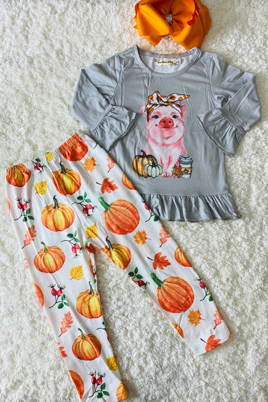 XCH0010-21H Pumpkin pig top with pant 2pc girls clothing sets