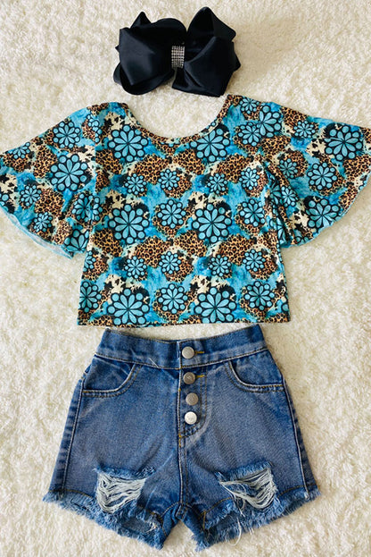 Turquoise jewel & leopard print short sleeve bell top DLH1124-3