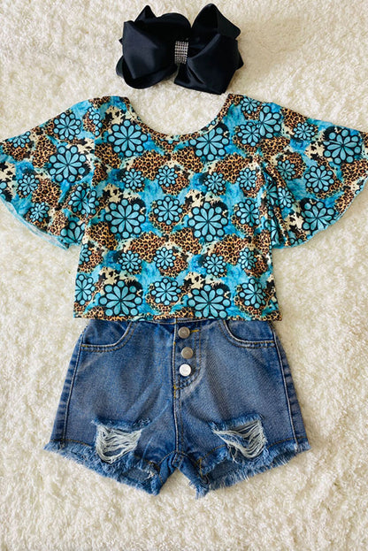 Turquoise jewel & leopard print short sleeve bell top DLH1124-3