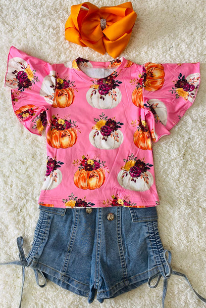 Pink pumpkins & floral print ruffle short sleeve top DLH2578