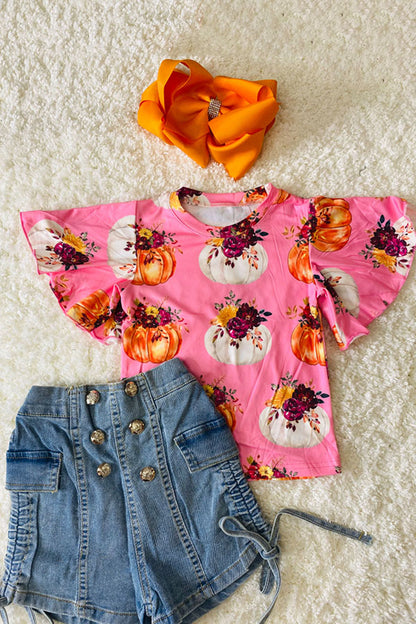 Pink pumpkins & floral print ruffle short sleeve top DLH2578