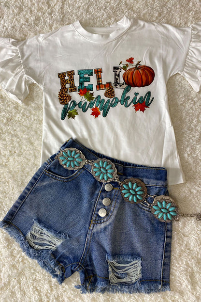 "HELLO PUMPKIN" ruffle short sleeve top DLH2614