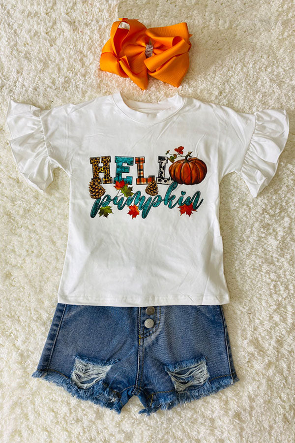 "HELLO PUMPKIN" ruffle short sleeve top DLH2614