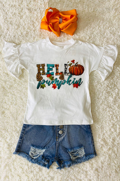 "HELLO PUMPKIN" ruffle short sleeve top DLH2614