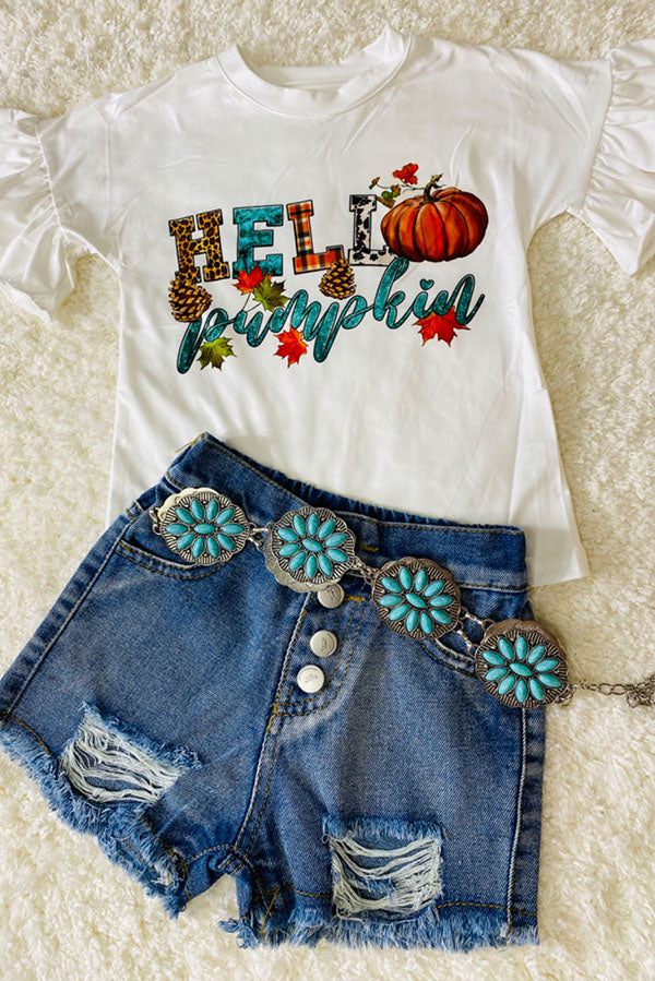 "HELLO PUMPKIN" ruffle short sleeve top DLH2614